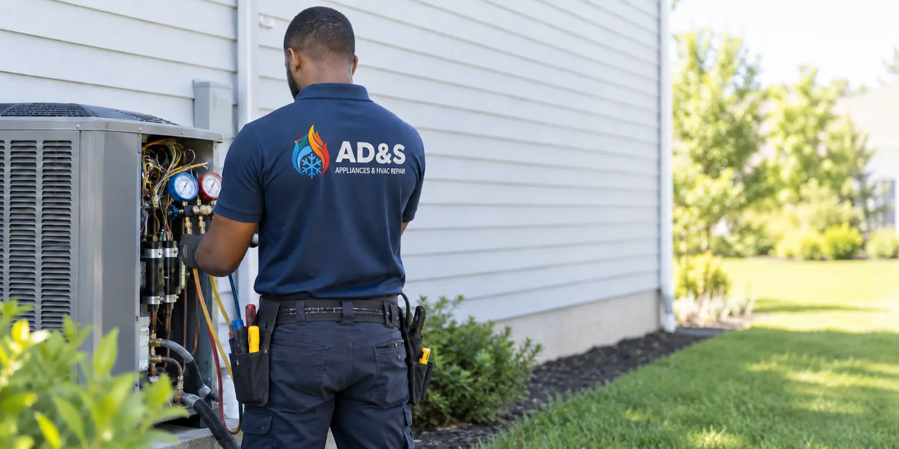 AD&S technician diagnosing an outdoor HVAC unit
